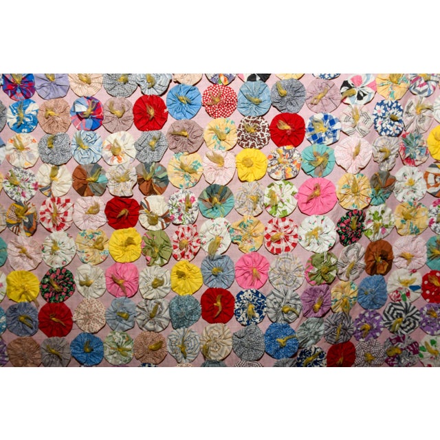 Antique 1930s Yo Yo Quilt Coverlet | Depression Era Feed Sack Fabrics | 49x72 | Cottagecore Folk Art Textile For Sale - Image 11 of 13