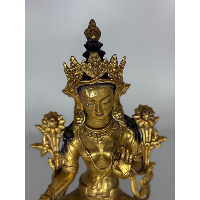 Antique Tibetan Gilt Bronze Green Tara (Syamatara) Seated on Lotus Throne For Sale In Los Angeles - Image 6 of 7