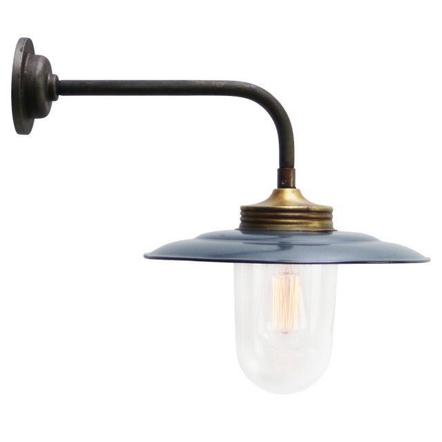 Vintage Industrial Brass and Glass Wall Light in Blue Grey Enamel For Sale - Image 5 of 6