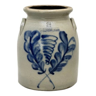 Outstanding Antique American Blue Decorated 1 1/2 Gallon Stoneware Storage Crock by F B Norton in Worcester Mass. For Sale