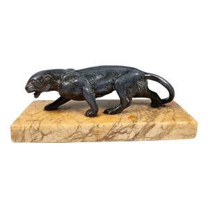 1930s Art Deco Black Panther Sculpture on Marble Base
