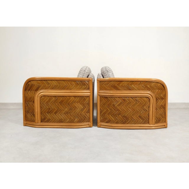 1980s Bamboo and Rattan Lounge Chairs with Graphic Fabric, 1980s, Set of 2 For Sale - Image 5 of 18