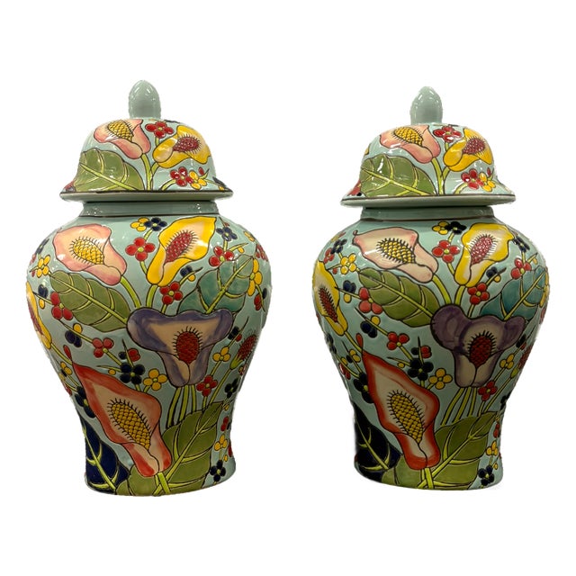 Hand Painted Floral Colorful Ceramic Ginger Jars With Lids - A Pair For Sale