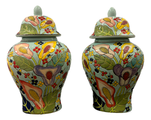 Hand Painted Floral Colorful Ceramic Ginger Jars With Lids - A Pair