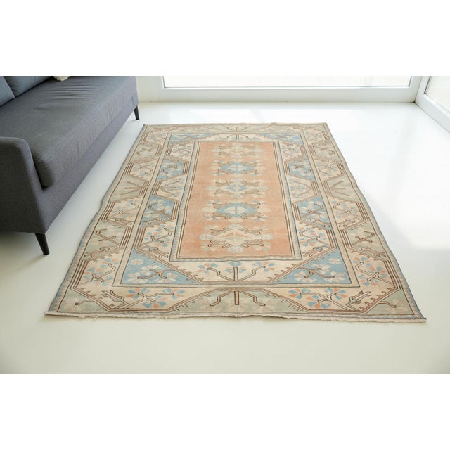 Turkish Vintage Turkish Medallion Rug, Hand-Knotted Wool, Peach and Blue For Sale - Image 3 of 10