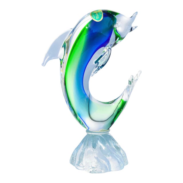 Vintage Handblown Italian Blue & Green Murano Art Glass Dolphin For Sale