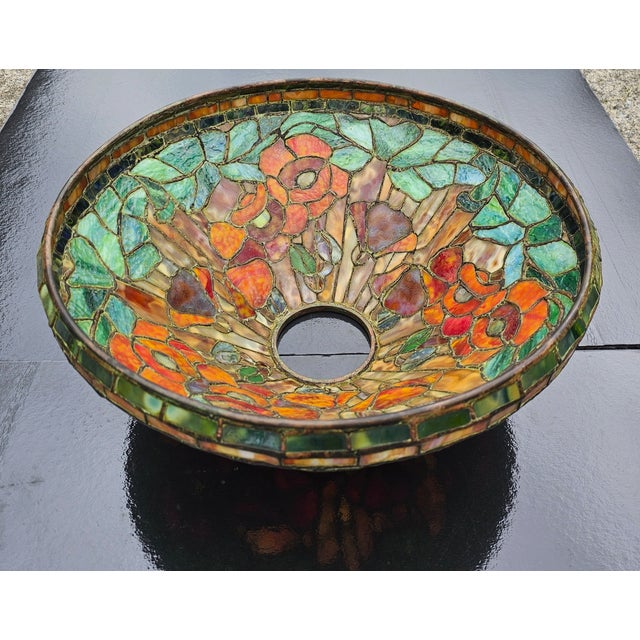 Glass Mid 20th Century Tiffany Studios Style Signed Stained Leaded Glass Lamp Shade Poppy Flowers For Sale - Image 7 of 9