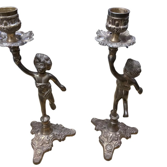 Brass Vintage Brass Figural Candlestick Candle Holders- a Pair For Sale - Image 8 of 10