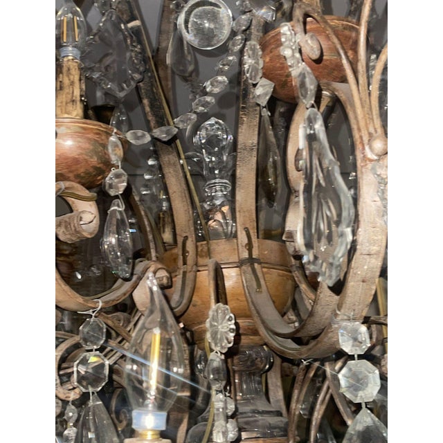 Wood Early 19th Century Monumental Venetian Wrought Iron, Wood & Crystal Chandelier For Sale - Image 7 of 14