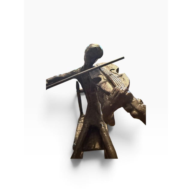 Black Vintage Mid-Century Metal Brass Seated Violinist Sculpture For Sale - Image 8 of 12