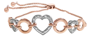 14K Rose Gold Plated .925 Sterling Silver Diamond Accent Circle and Heart Link Adjustable 6”-10” Bolo Bracelet (I-J Color, I3 Clarity)