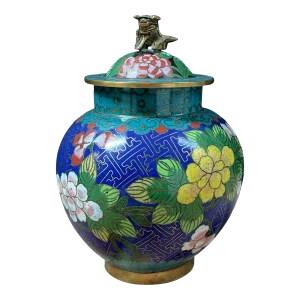 Vintage Chinese Cloisonné Jar With Foo Dog Finial