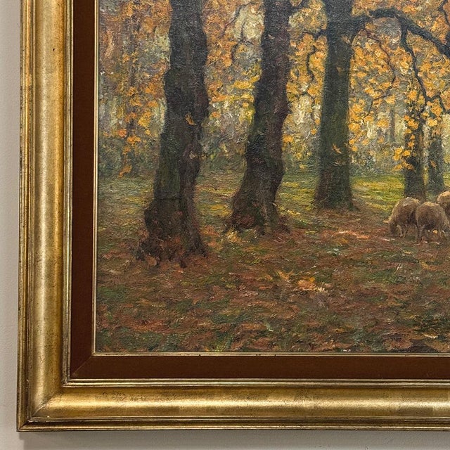 Bronze Framed Oil Painting on Canvas by Alphonse Van Beurden Jr. (1878–1962) 'Shepherd and Flock in Autumn Forest' For Sale - Image 8 of 15
