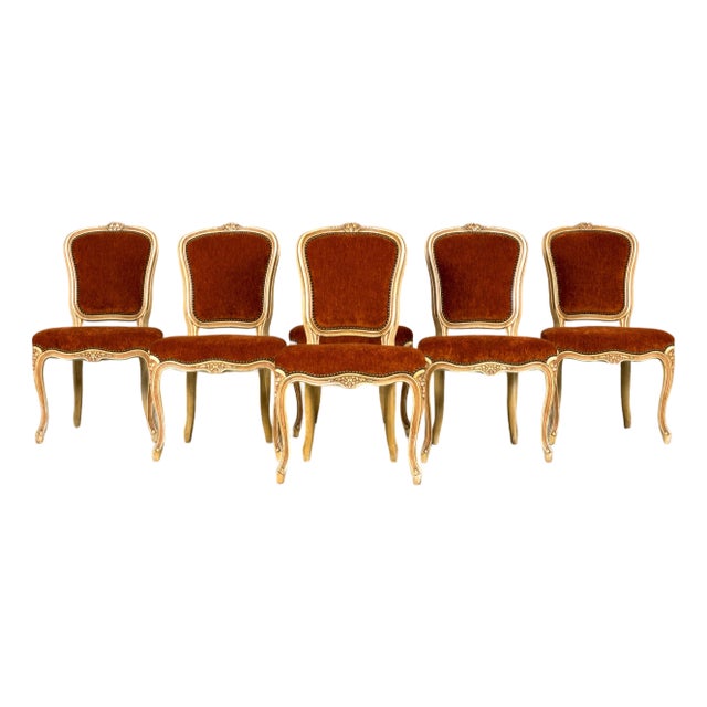 Antique French Louis XV Style Painted Dining Chairs in Rust Fabric - Set of 6 For Sale