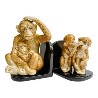 1986 Vintage Fitz and Floyd Ceramic Monkey Bookends - A Pair For Sale