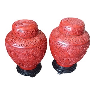 Vintage Pair of Faux Cinnabar Ginger Jars on Stands For Sale