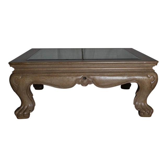 Vintage Marge Carson Carved Wood Glass Top Coffee Table For Sale