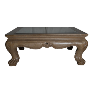 Vintage Marge Carson Carved Wood Glass Top Coffee Table
