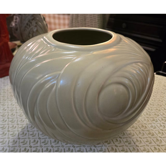 Vintage Japanese Ceramic Vase With Seafoam Celadon Glaze and Swirl Pattern For Sale - Image 4 of 5