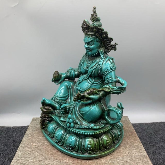 Mid 20th Century Vintage Tibetan Style Turquoise Green Yellow Jambhala Wealth Deity Statue For Sale - Image 5 of 9