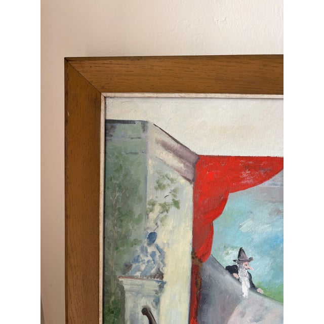 Mid-Century Modern Surrealist Theatrical Scene Painting – Signed by B. Grymes (1955) For Sale In West Palm - Image 6 of 10