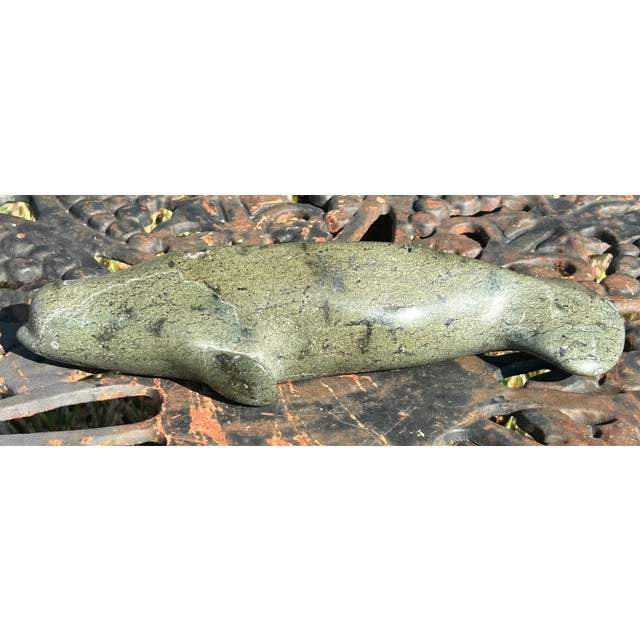 Gemstone Vintage Canadian Inuit Beluga Whale Serpentine Stone Carving by Nooshoota Paduq (1979) For Sale - Image 7 of 12