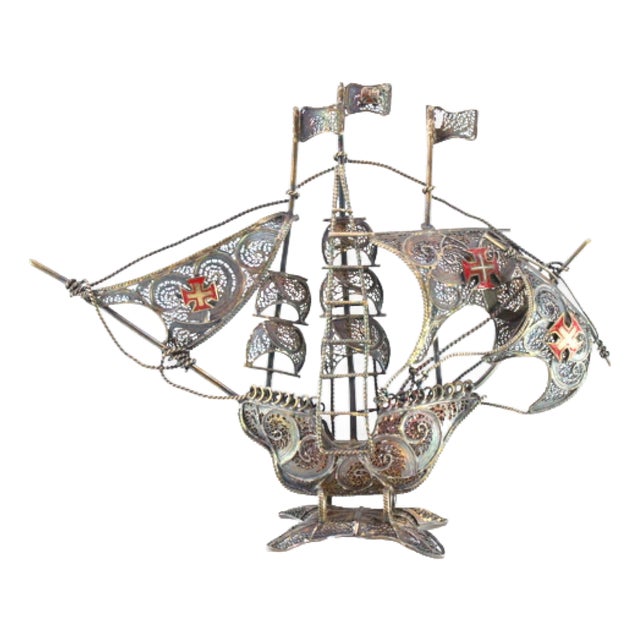Silver Filigree Caravel with Flags and Maltese Crosses Sails in Relief For Sale