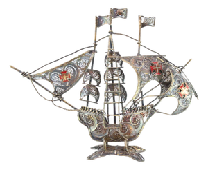 Silver Filigree Caravel with Flags and Maltese Crosses Sails in Relief