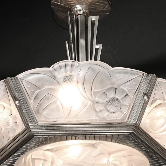 Pair of Art Deco Hexagonal Frosted Glass & Nickeled Bronze Chandeliers by Degue For Sale - Image 15 of 18