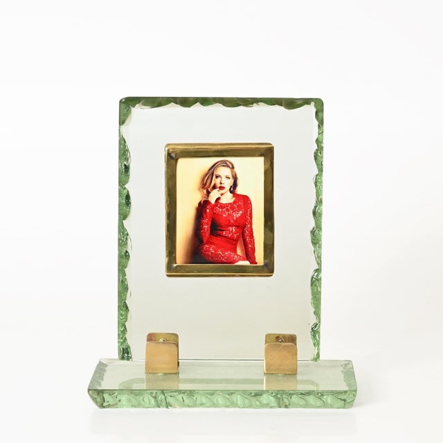 Metal Nile Green Chiseled Crystal and Brass Photo Frame from Fontana Arte, Italy, 1950s For Sale - Image 7 of 14