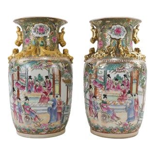 Pair of Late 20th-Century Antique Canton Famille Vases With Gilt Handles For Sale