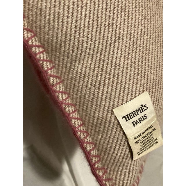 Pink Hermes Hibiscus/Mandarine Avalon Terre d'H Pillow Hermes Hand Woven Blanket (100' Cashmere) Measures 15.7" X 15.7" New Never Used No Box For Sale - Image 8 of 8