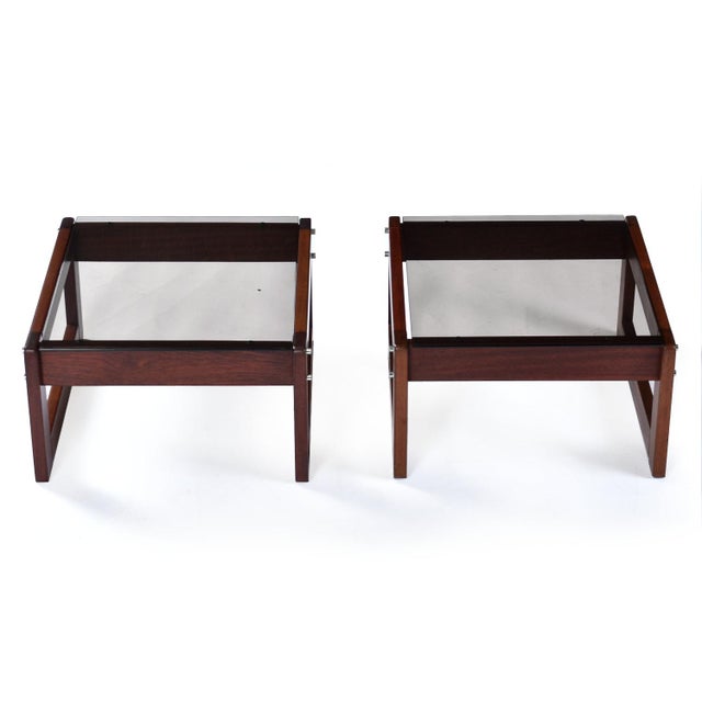 Modern Pair of Percival Lafer Low Profile Rosewood and Smoked Glass Side Tables or Platform Bed Nightstands For Sale - Image 3 of 10