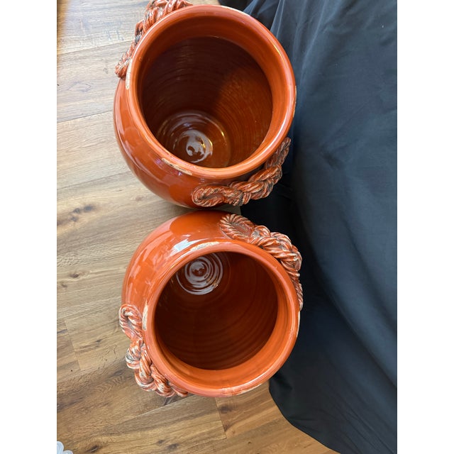 VIETRI Pair of Large Vintage Vietri Italian Terracotta Vases With Braided Rope Handles For Sale - Image 4 of 6