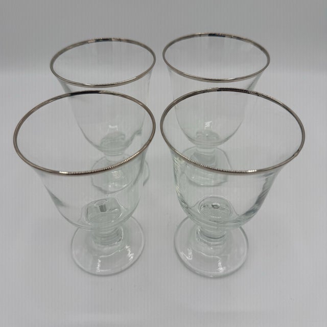 Mid 20th Century Vintage Silver-Rimmed Clear Glass Wine Goblets - Set of 4 For Sale - Image 5 of 7