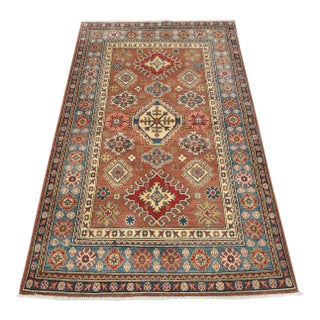 Kazak Rug 4’1” X 6’4” Brown Wool Tribal Hand-Knotted Oriental Carpet For Sale