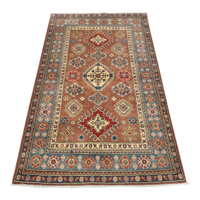 Kazak Rug 4’1” X 6’4” Brown Wool Tribal Hand-Knotted Oriental Carpet For Sale