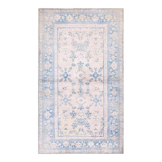 1920s White Blue Medallion Antique Indian Cotton Agra Carpet 4' X 5'7" Knotted Rug For Sale