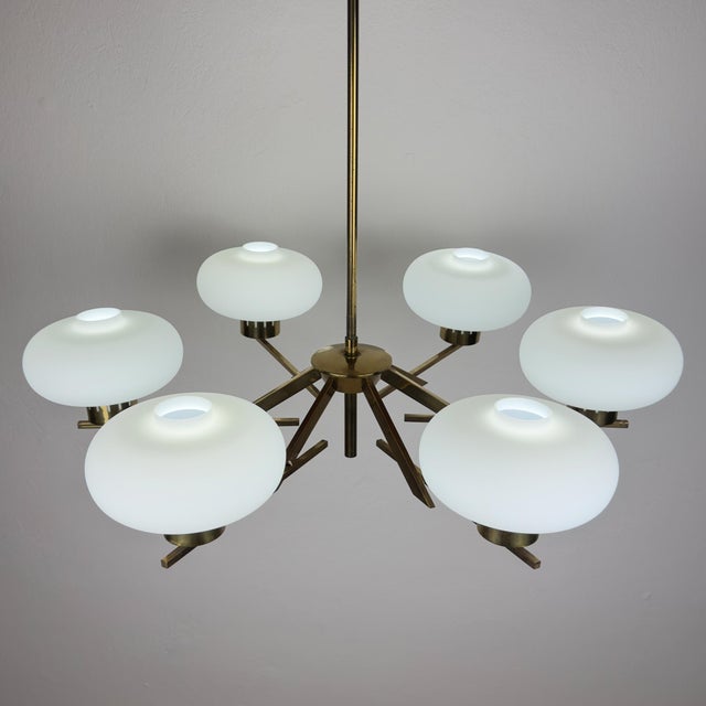 Mid-Century Brass and Opaline Glass Chandelier from Stilnovo, Italy, 1970s For Sale - Image 15 of 18