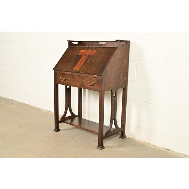 Stickley Brothers Style Antique Mission Oak Arts & Crafts Drop Front Secretary Desk With Inlaid Marquetry, Circa 1910 For Sale - Image 16 of 16