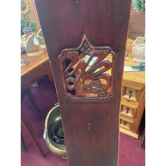 Chinoiserie Vintage Pair Oriental Wooden Yoke Back Scholar Cap Arm Chairs Carved W/ Cut Out Design Back For Sale - Image 3 of 18