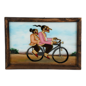 Framed Punakawan Reverse Painting Glass Bicycle Ride