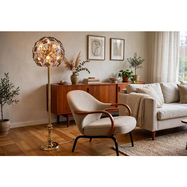 Vintage Sputnik Dandelion Floor Lamp – Brass & Smoke Glass – Emil Stejnar Style For Sale - Image 10 of 10