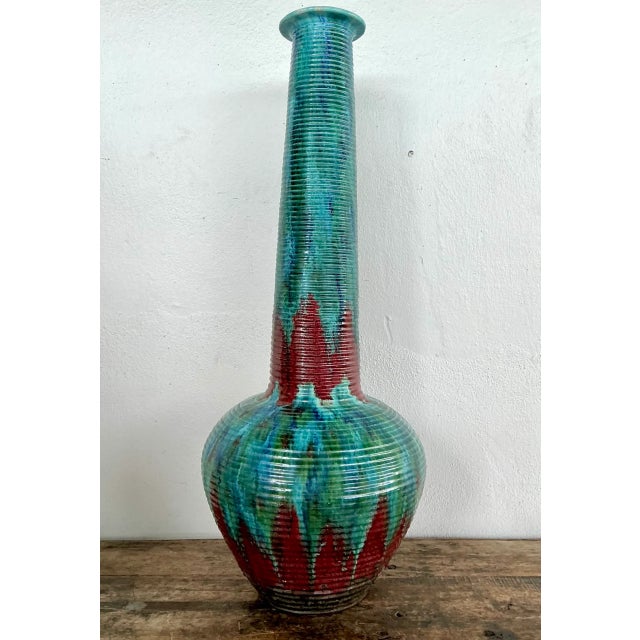 Teal Vintage Tall Ceramic Glazed Ribbed Vase For Sale - Image 8 of 12
