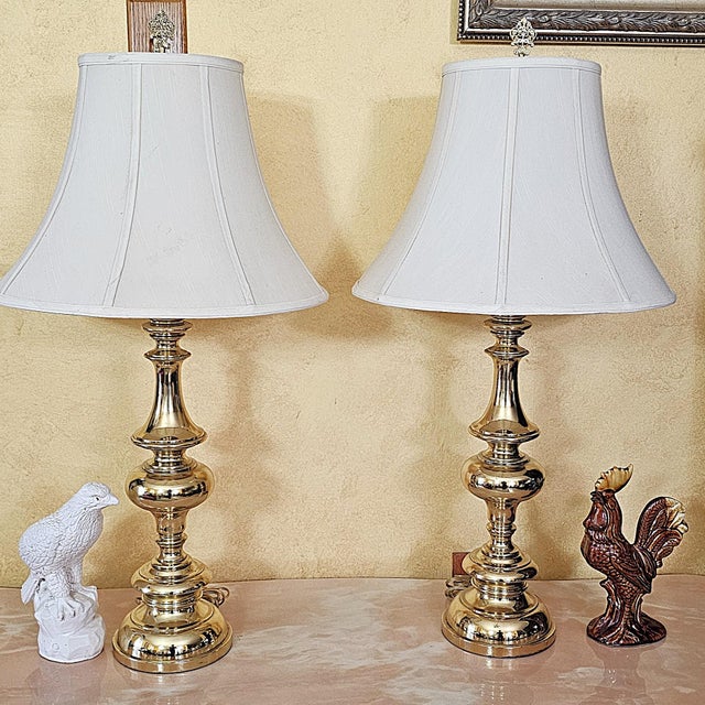 Pair of Tall Brass Table Lamps With Ivory Bell Shades – Hollywood Regency Style For Sale - Image 18 of 18