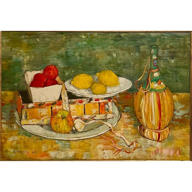 André Vignoles, French Oil Painting Andre Vignoles Farm Kitchen, Wine Flask, Fruits, Vegetables For Sale - Image 4 of 10