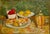 André Vignoles, French Oil Painting Andre Vignoles Farm Kitchen, Wine Flask, Fruits, Vegetables For Sale - Image 4 of 10