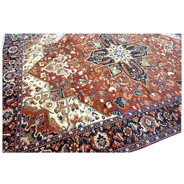 Textile Vintage Persian Heriz 10x13 Red, Navy, & Ivory Handmade Area Rug #9901667 For Sale - Image 7 of 13