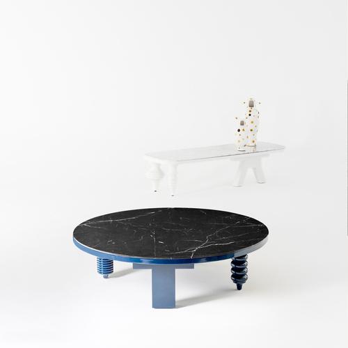 Mdf base and legs in turned solid alder wood, lacquered in blue gloss marble table tops in carrara venato or nero...