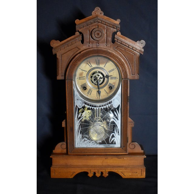 Victorian Antique Gilbert Ersa Walnut Parlor Mantel Clock Spider Web Glass With Key For Sale - Image 3 of 18